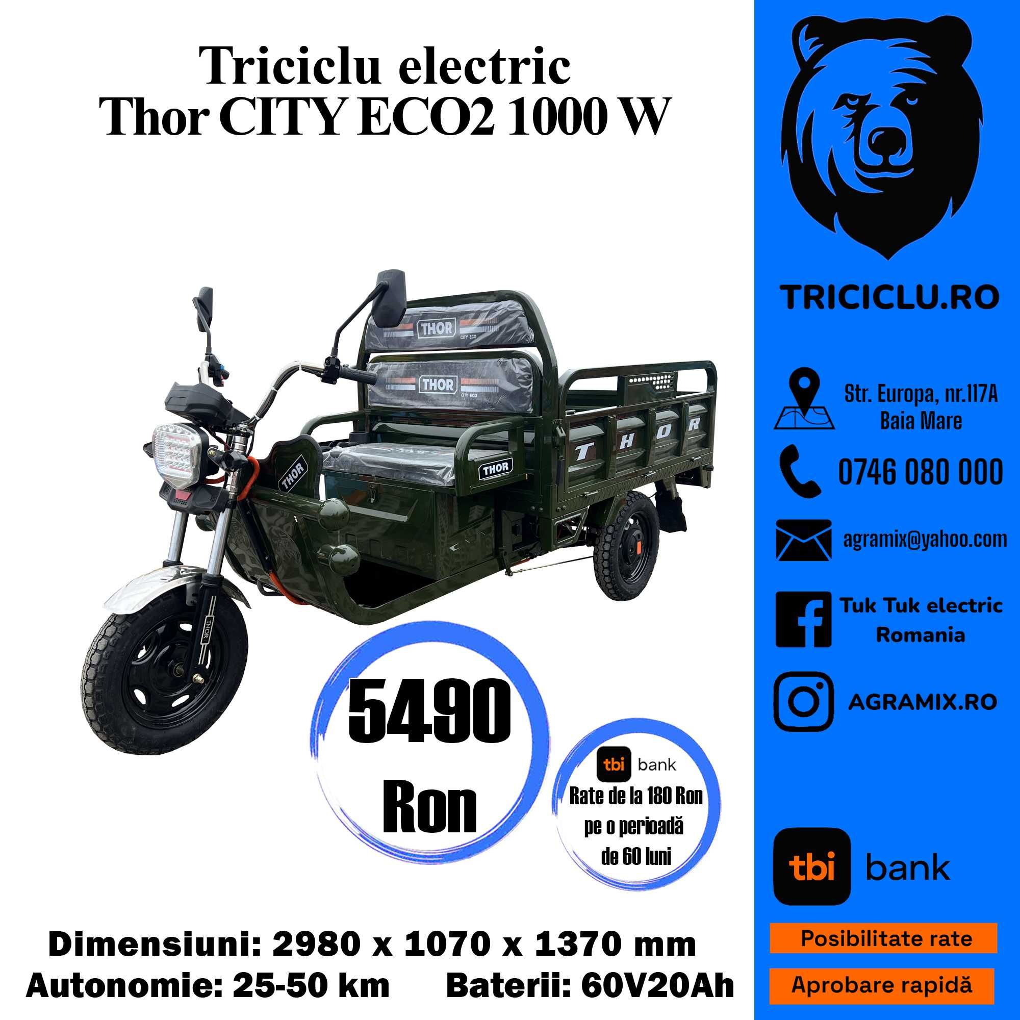 Thor gri-verde-albastru City Eco-2 doi tricicleta electrica Agramix