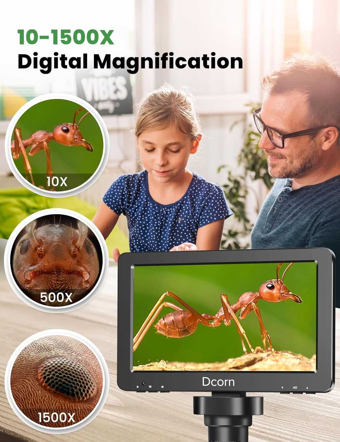 Dcorn HDMI цифров микроскоп 7" 1500X, 16MP 1080P, IPS TF карта 32GB...