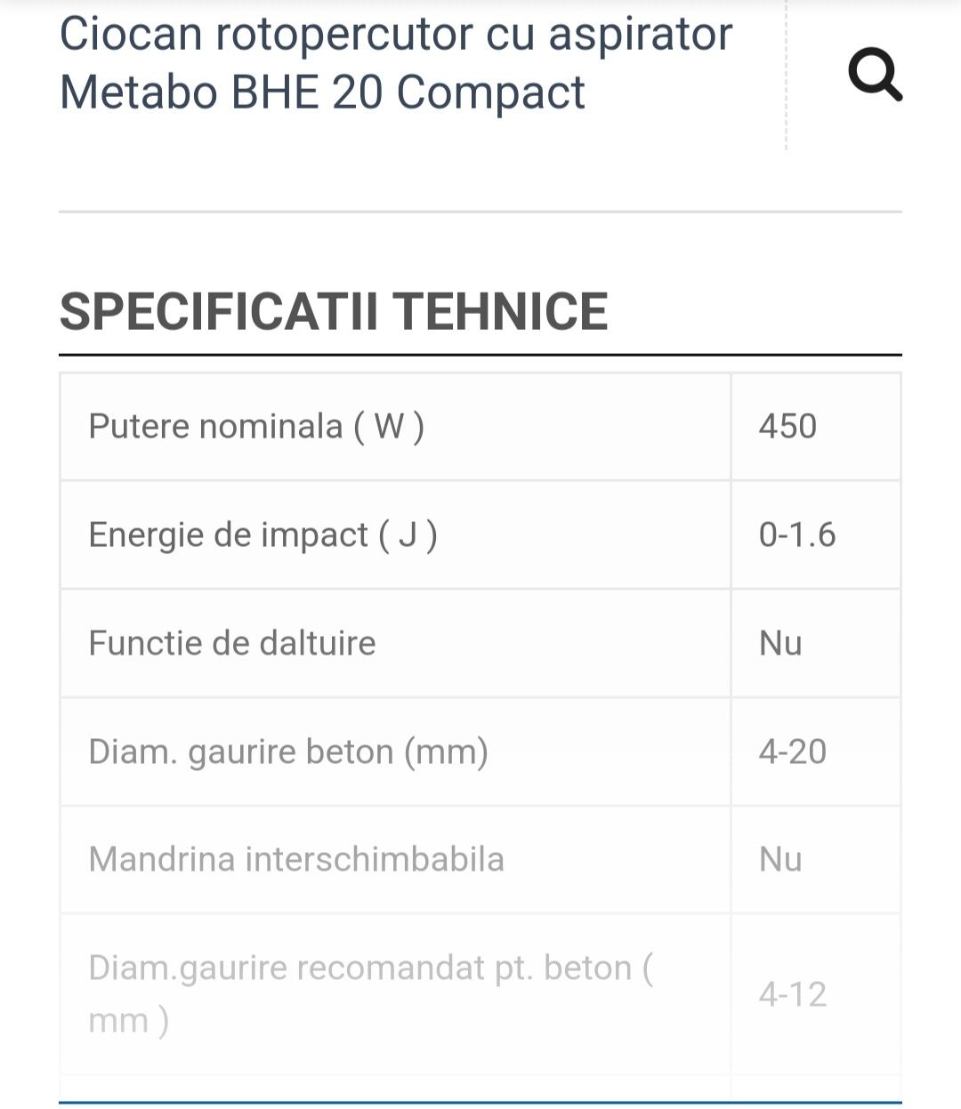 Rotopercutor Metabo BHE20 Compact cu aspirator