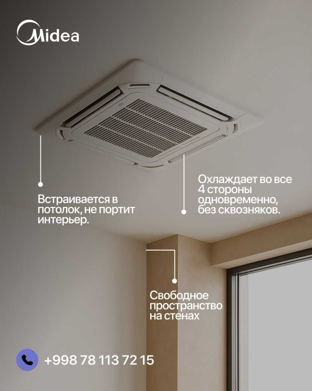 Кассетный кондиционер MIdea on/off, invertor доставка есть установка
