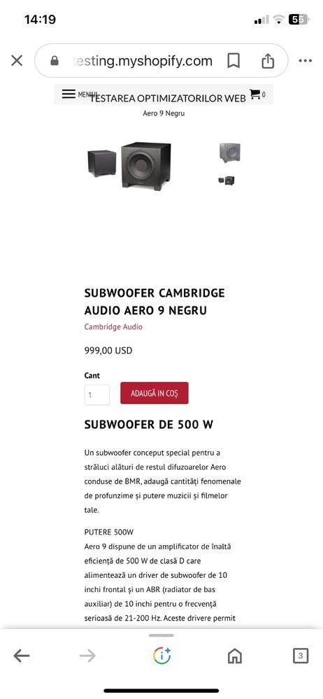 Cambridge Audio AERO 9 Subwoofer ACTIV 500W 21Hz Preț de MAGAZIN 1000$
