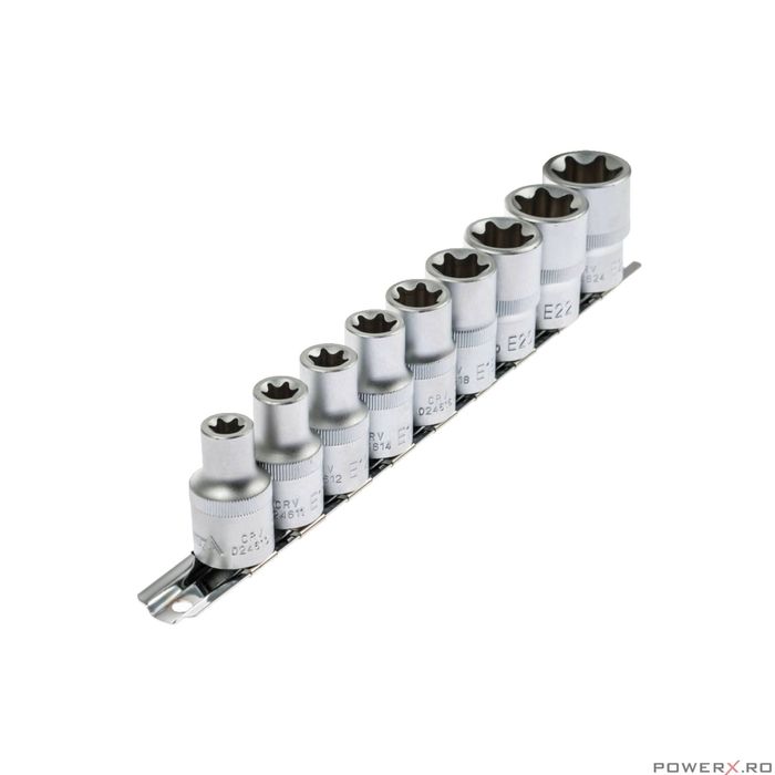 Set chei tubulare, E10-E24, 1/2" tip torx, 9 piese, Asta