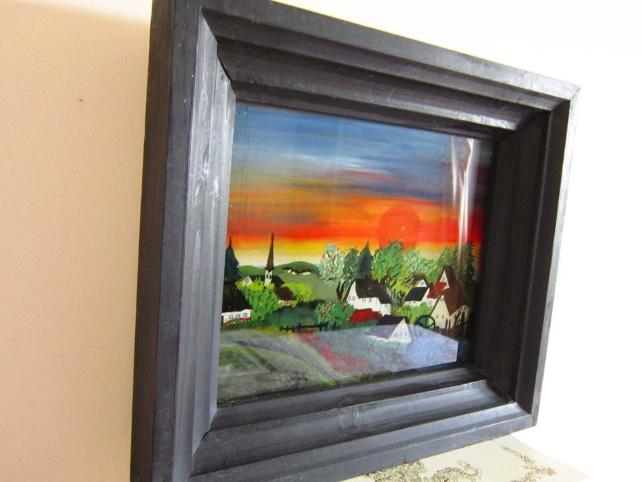 Craciun cadou rar Biserica si moară la apus semnat pictura sticla