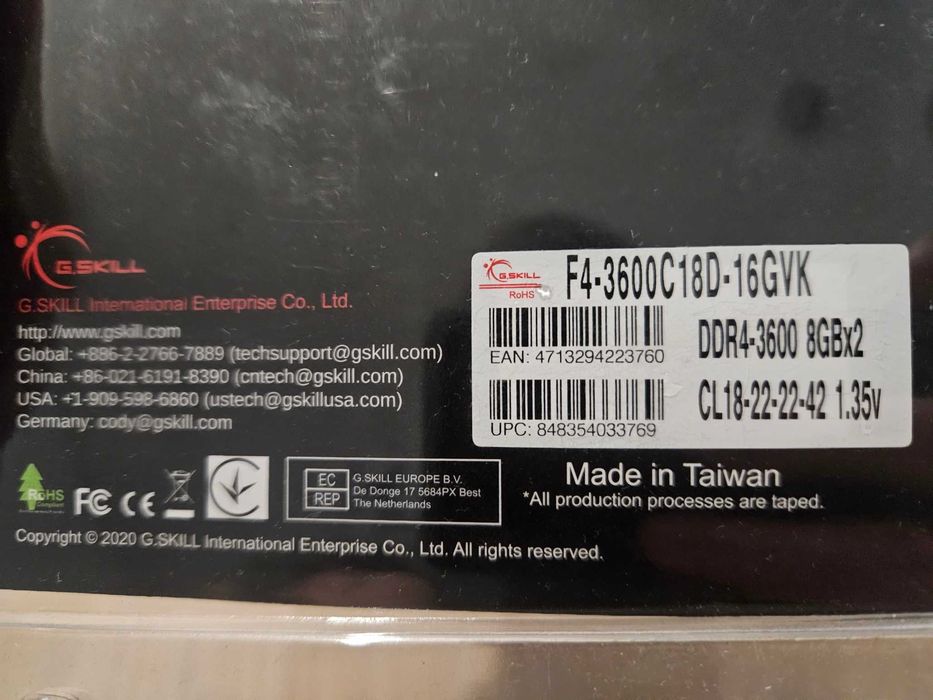 DDR-4 DIMM 16Gb/3600MHz PC28800 G.SKILL Ripjaws V, 2x8Gb Kit, BOX