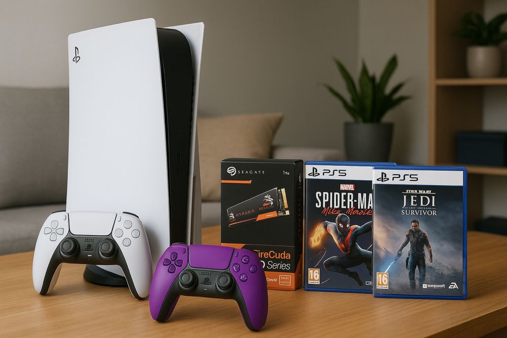 PlayStation 5 Disk Edition + SSD 1TB + 2 controllere + 2 jocuri