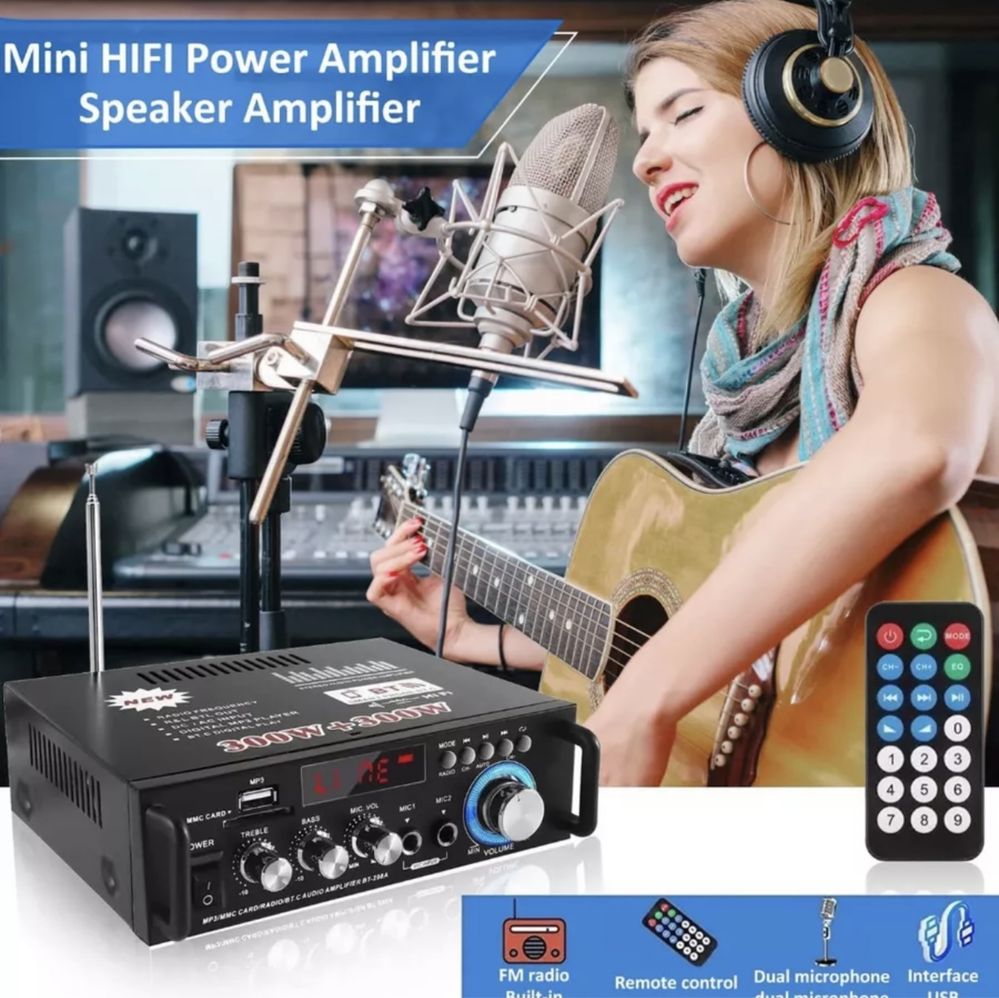 Bluetooth 5.0 hifi усилитель с радио и микрофоном