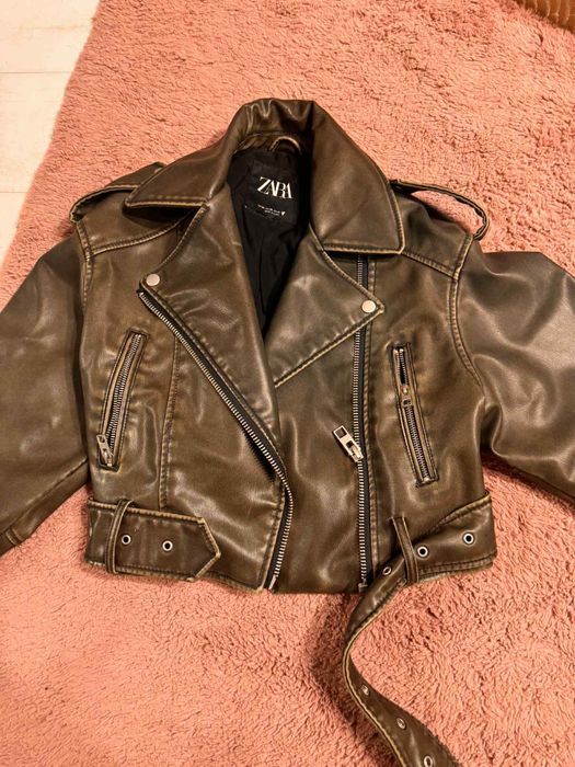 Кожено яке Зара тъмнозелено