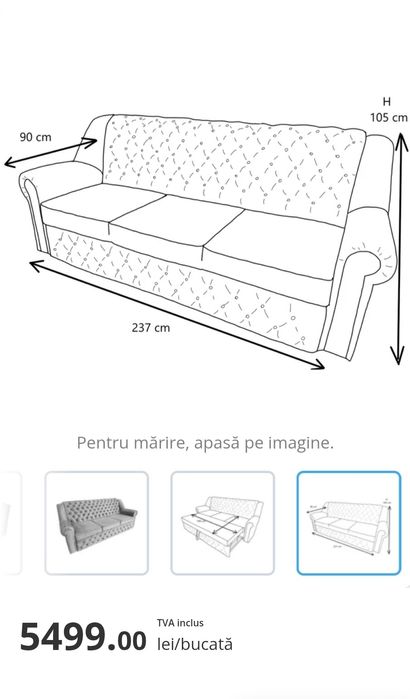 Canapea extensibila 3 locuri Ferdinand, negru, 237 x 90 x 105 cm, 2C