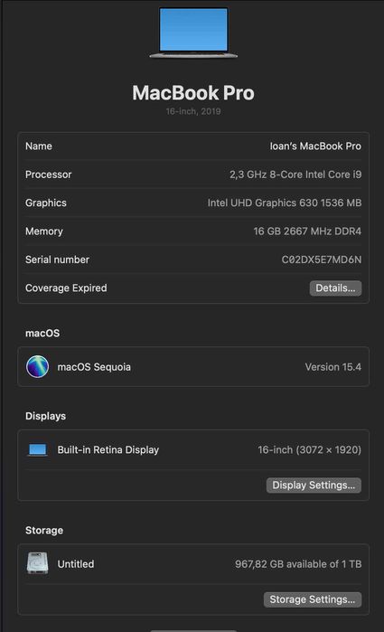 Laptop Apple Macbook Pro 16 Retina 2019 Intel I9, 8core, SSD 1TB