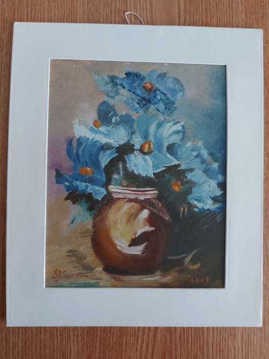 Tablou vechi pictat manual -  Vas cu flori (21x25 cm)