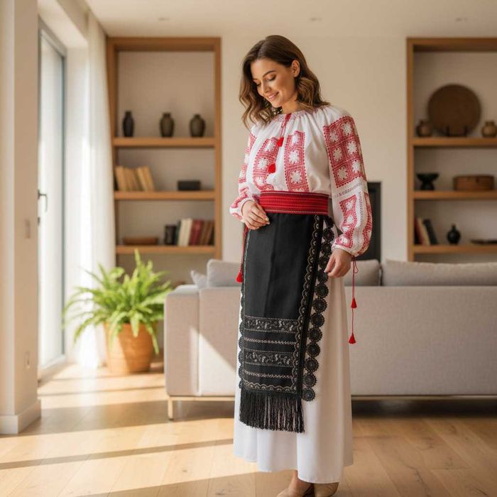 Costum popular lucrat manual , cu ie cusuta manual si catrinte vechi L