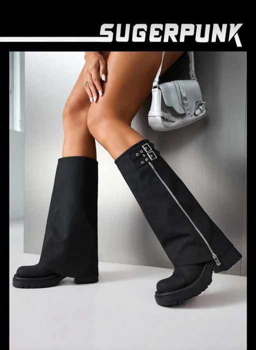 Дамски ботуши черни,кожа с цип