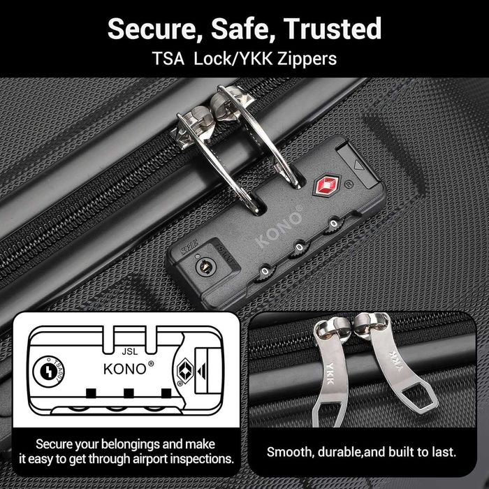 KONO твърд куфар на колелца 36 л с TSA ключалка черен