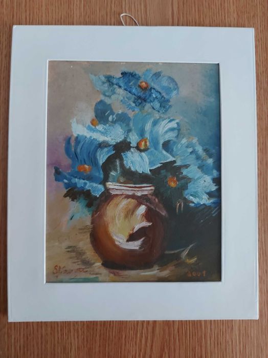 Tablou vechi pictat manual -  Vas cu flori (21x25 cm)