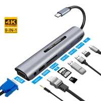 9in1 Convertor USB-C tip C la HDMI, VGA, USB 3.0, USB-C, Cititor card