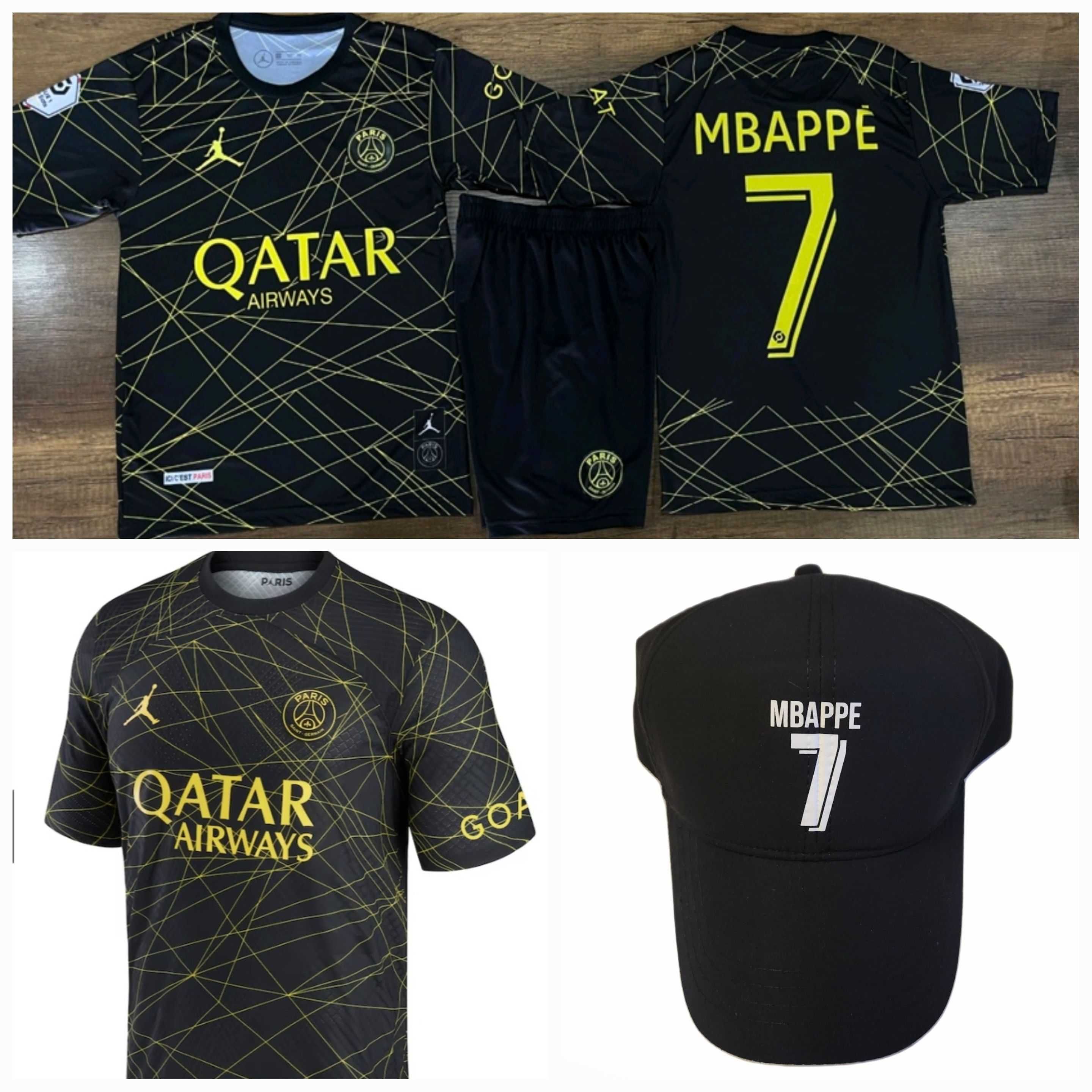 Екип + шапка+ калци Mbappe 7 Psg Black and Gold 2023 детски Екип Мбапе