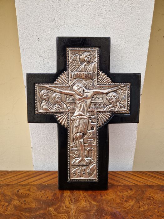 Страхотна антикварна сребърна икона кръст сертификат