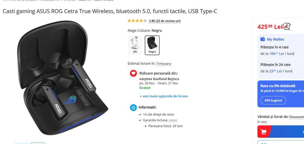 Casti gaming ASUS ROG Cetra True Wireless, bluetooth 5.0