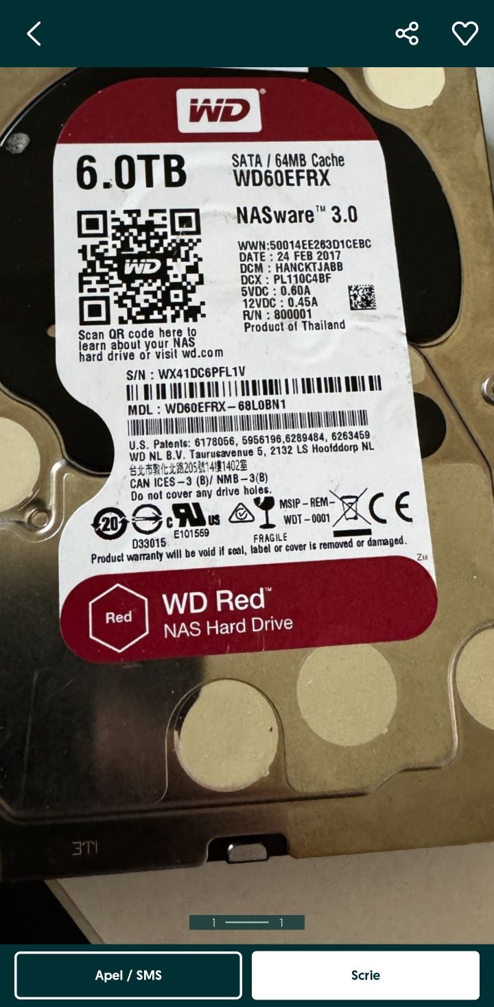 HDD SATA PC/NAS de la Western Digital de 6TB, WD60EFRX DEFECT