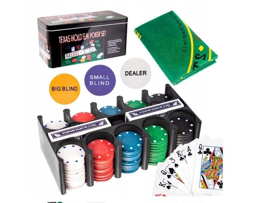 Комплект за покер Texas Hold'em, 200 чипа, подложка за игрална маса