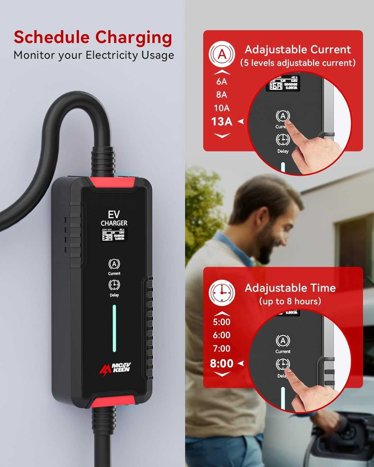 MCEVKELN EV зарядно тип 2, 3kW 7M| 1-фаза| 13A Режим 3, 6A-13A