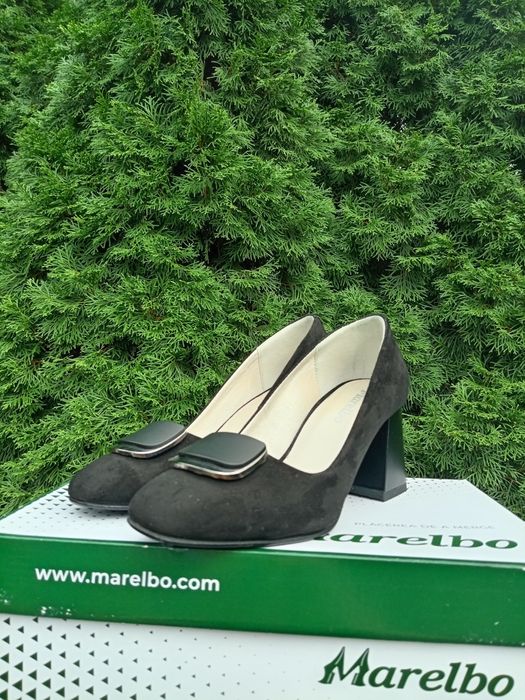 Pantofi negri piele antilopă Marelbo, nr. 37, toc 7,5 cm, preț fix