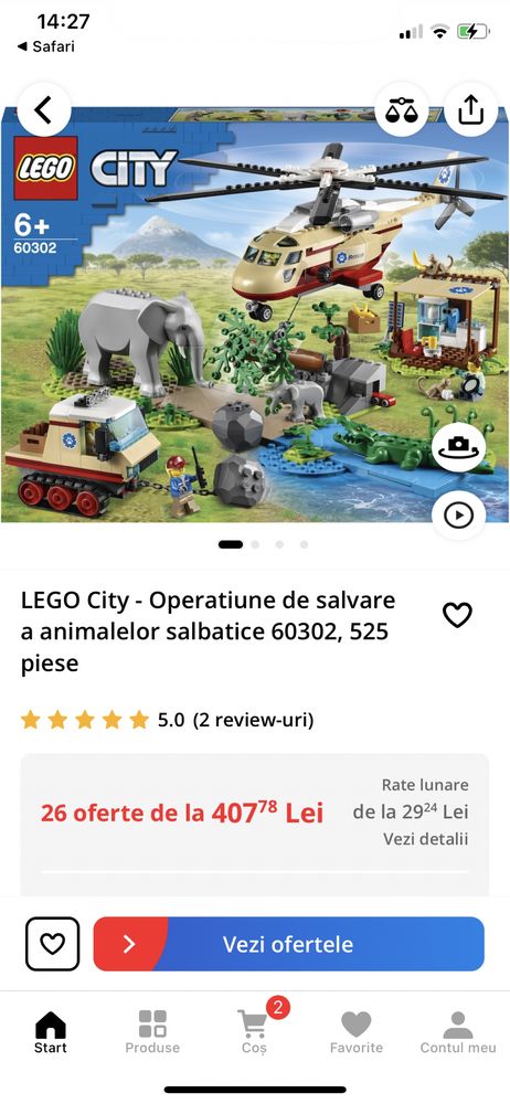 LEGO City Operatiunea de salvare a animalelor 60302, 525 piese. NOU!