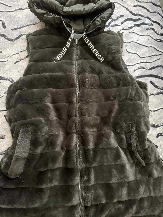 НОВ голям дълъг дамски елек с две лица-от шушляк и еко косъм (2ХЛ)