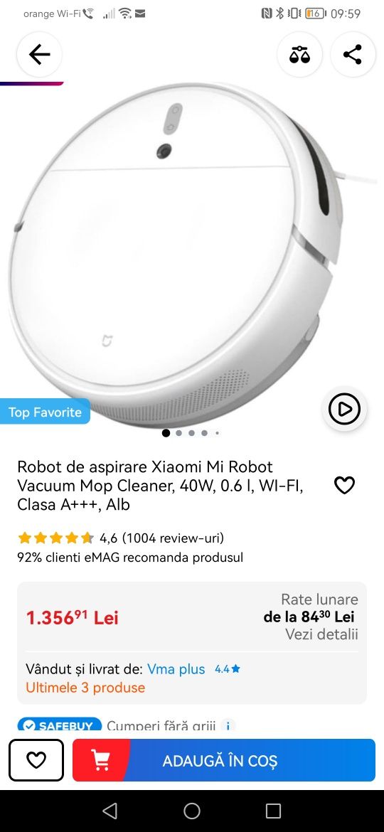 Robot de aspirare Xiaomi Mi Robot Vacuum Mop Cleaner, 40W, 0.6 l, WI-F