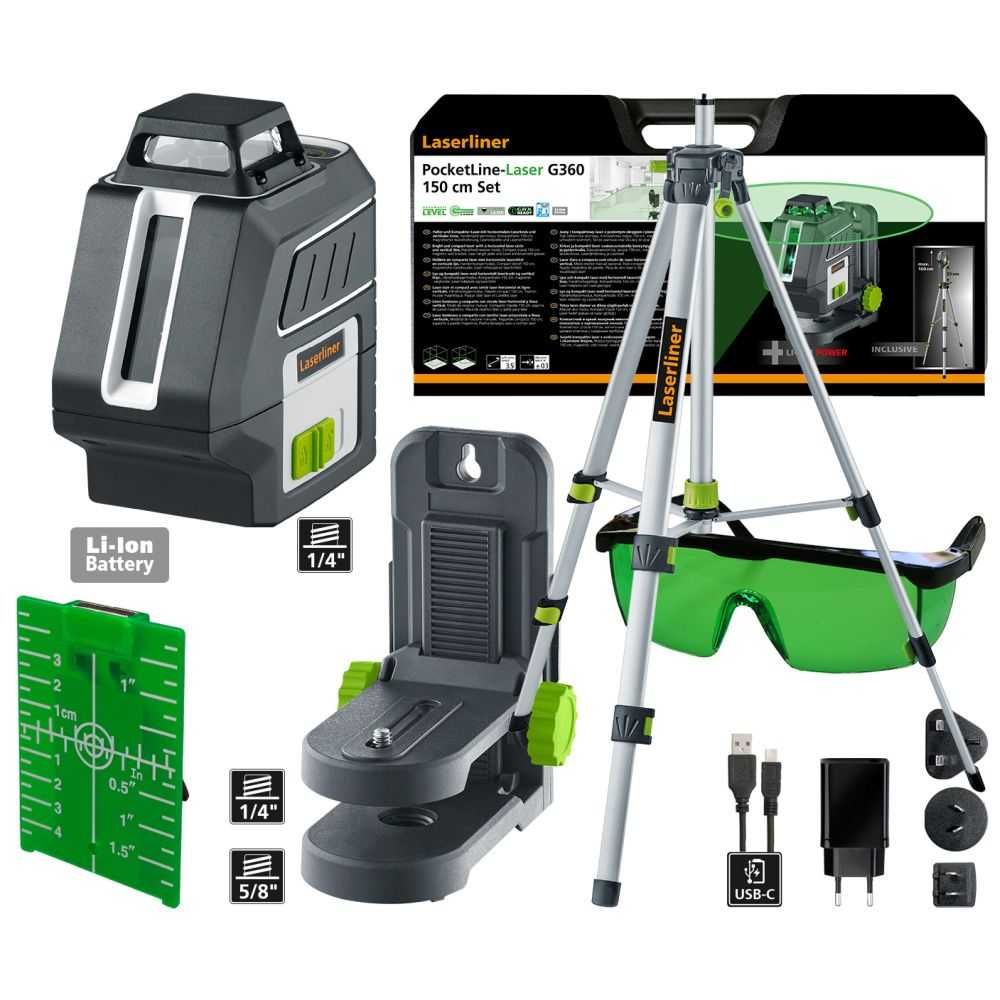 Зелен линеен лазерен нивелир Laserliner PocketLine-Laser G360 Set