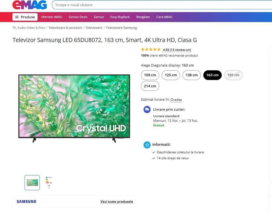 Televizor Samsung LED 65DU8072, 163 cm, Smart, 4K Ultra HD, SLIM, NOU!