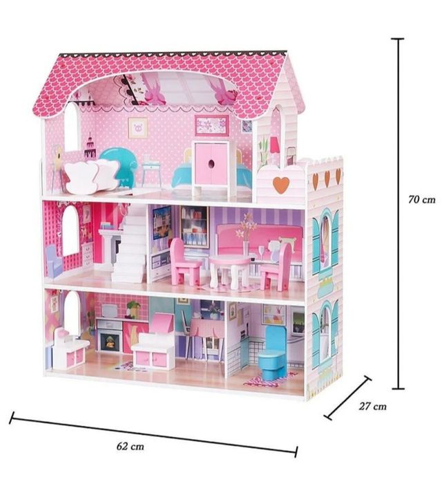 Casa de păpuși, lemn 70 cm 3 etaje cu mobilier