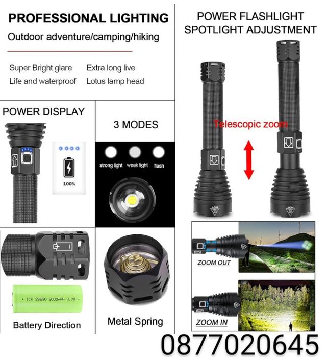 Мощен прожектор XHP90 тактически лед фенер P90 зареждане USB къмпинг