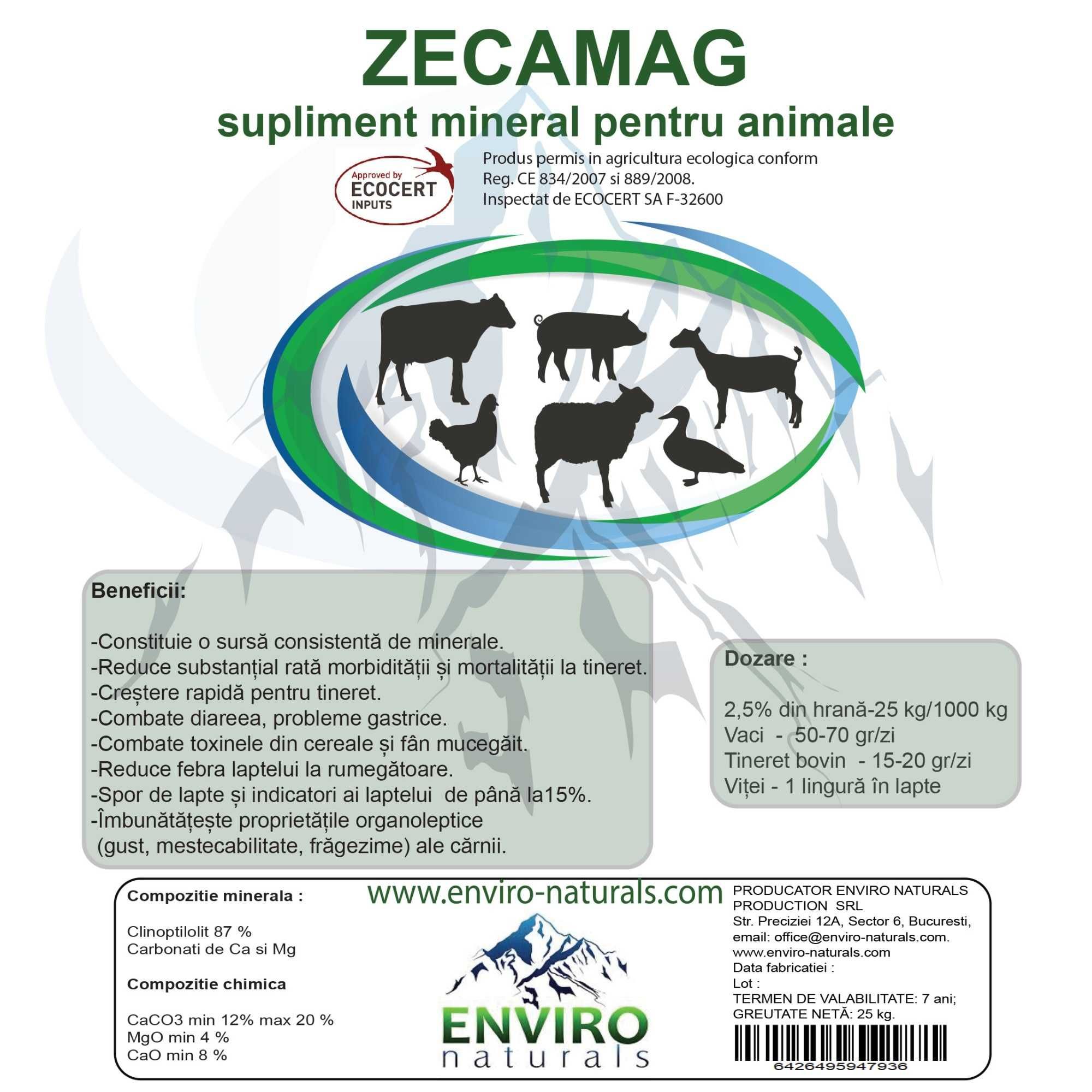 Supliment furaje BIO crestere+antitoxine, vaci+porci, Zecamag 25kg