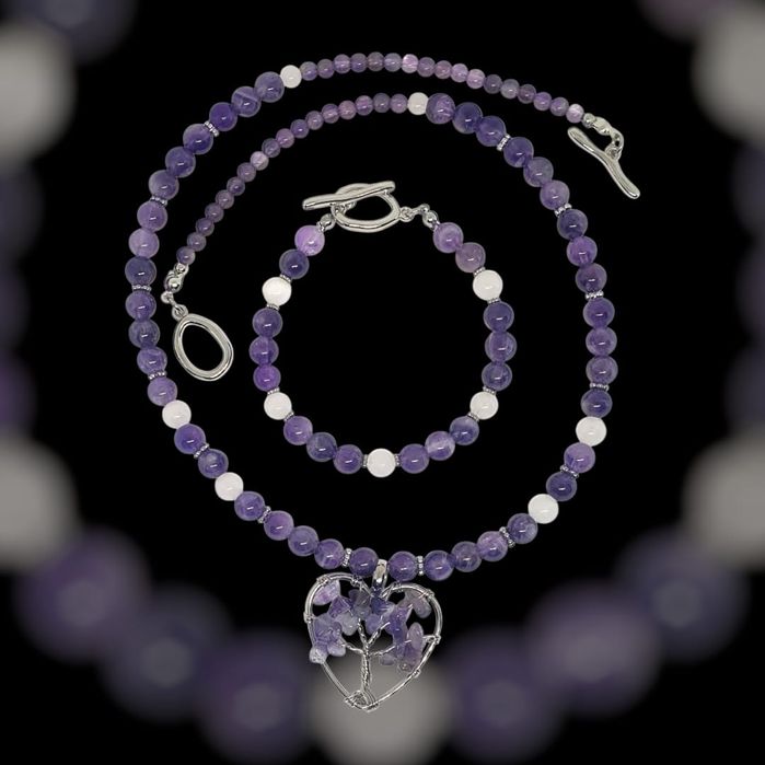 Set colier ametist si jad alb