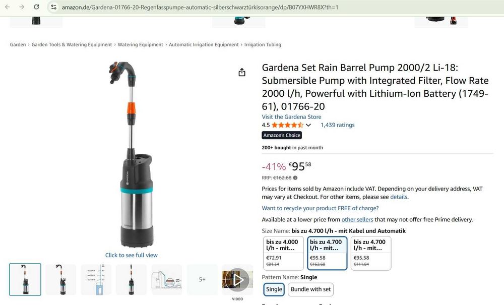 Set pompă Gardena pentru butoaie de ploaie 2000/2 Li-18