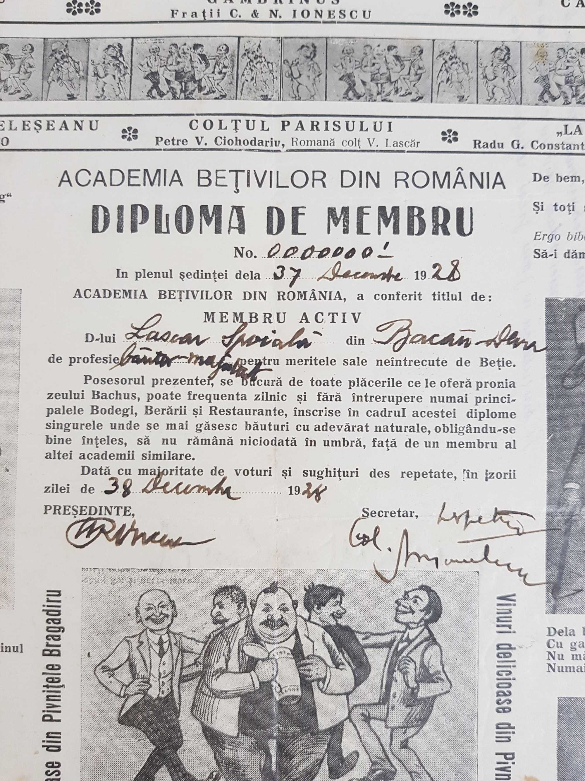 Diploma de membru - Academia betivilor Romania 1928