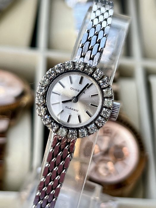 DUGENA Classic damă – mecanic, bezel cu cristale, vintage – funcțional