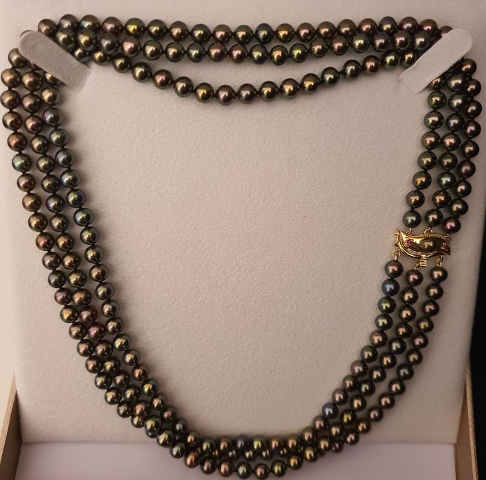 colier triplu perle naturale aur 14k rubine si diamante