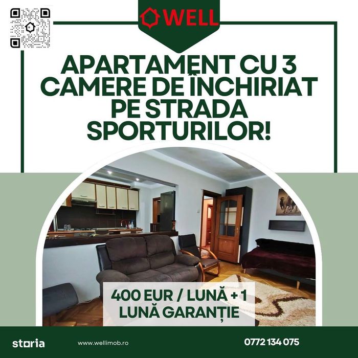 Apartament cu 3 camere de închiriat în Sf. Gheorghe, str. Sporturilor!