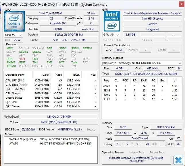 Laptop Lenovo T510 I5 520m SSD 128 Ram 8Gb 15.6''-- 40 Cm