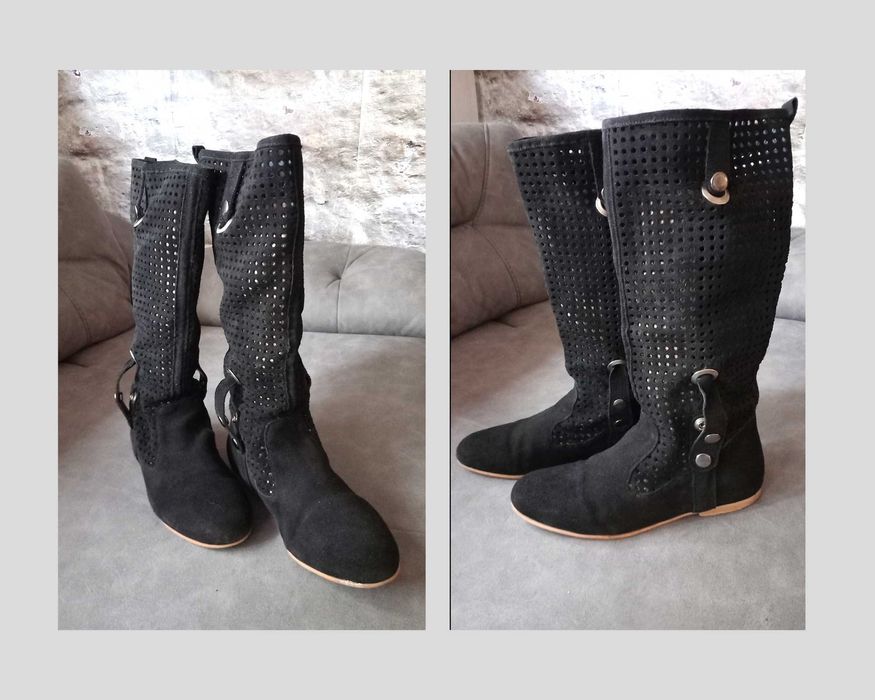 Дамски ботуши с перфорация – естествен велур, черни, № 38.5 - 39