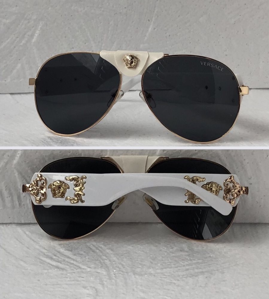 Versace Дамски Мъжки слънчеви очила авиатор черни бели с кожа VE 2150
