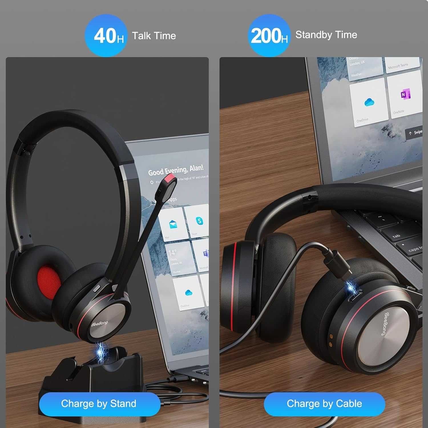 Beebang Bluetooth слушалки с микрофон, безжични с бутон за изключване