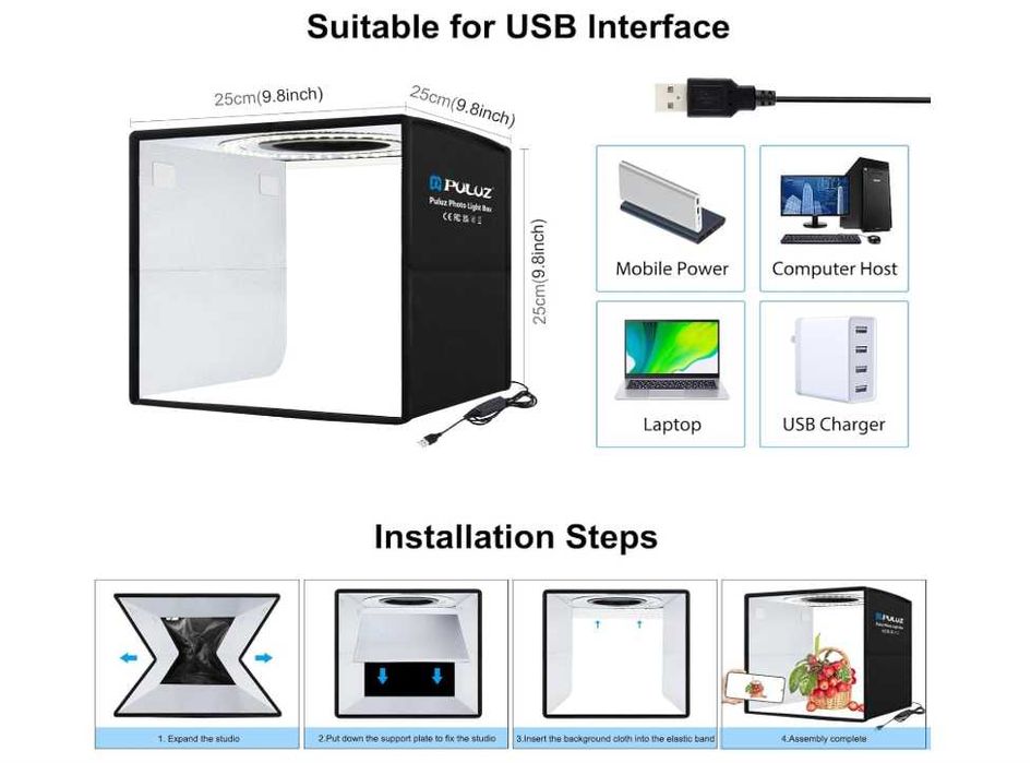 PULUZ 25 cm Cutie mică de fundal studio foto, pliabilă, portabilă