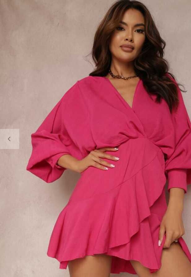 Rochie Fucsia cu volane si maneci lungi