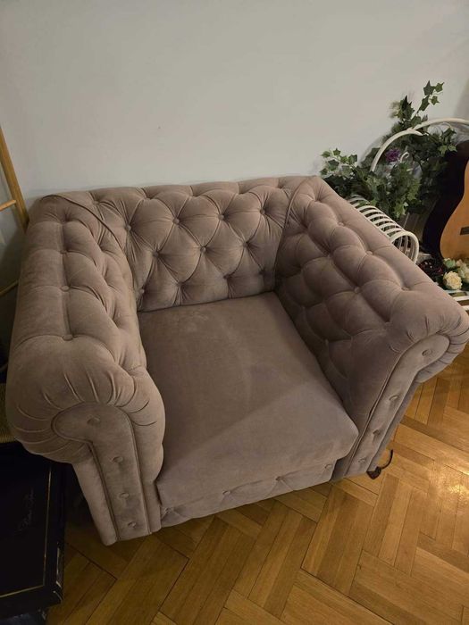 Fotoliu Chesterfield, fix, stofa, roz prafuit