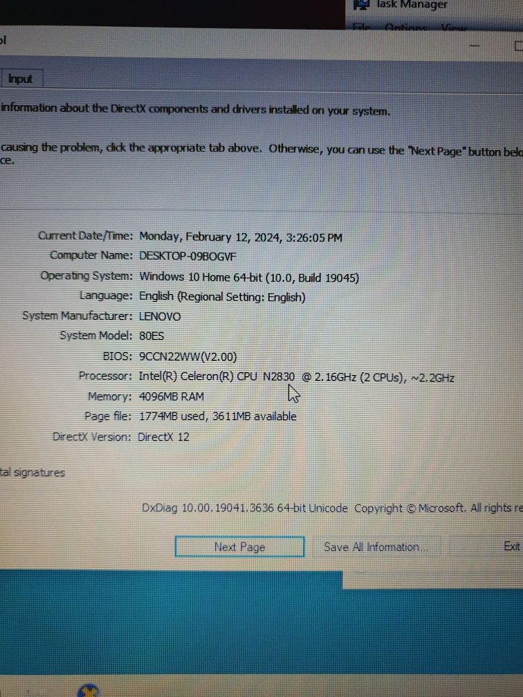 Lenovo, Ecran 15",Cpu intel 2.4Ghz,Ram 4gb,Ssd 250gb, windows 10