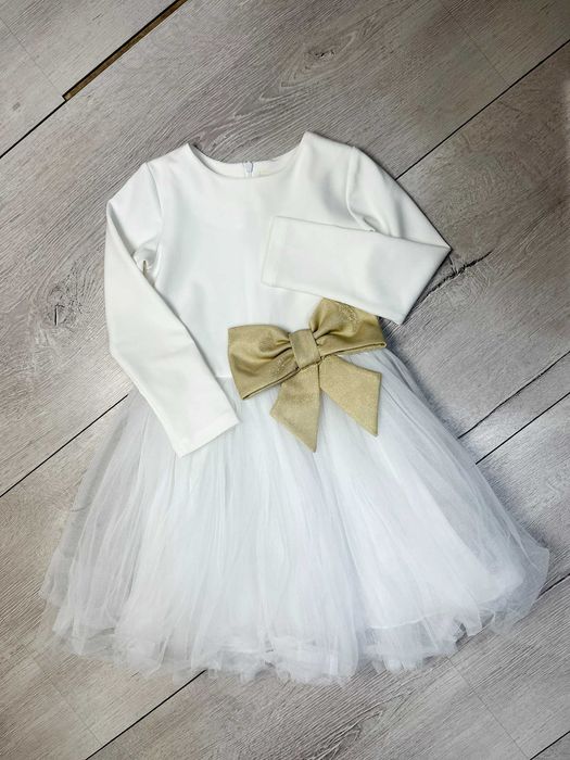 Официална детска рокля с тюл и златна пандела, бяла - размер 116 см