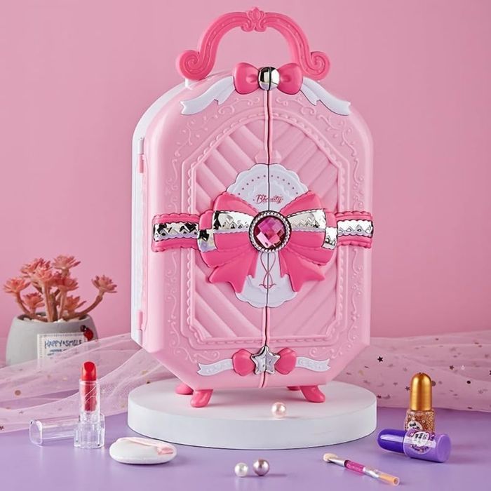 Trusa machiaj copii model gentuta cu maner si funda Rubin, Roz